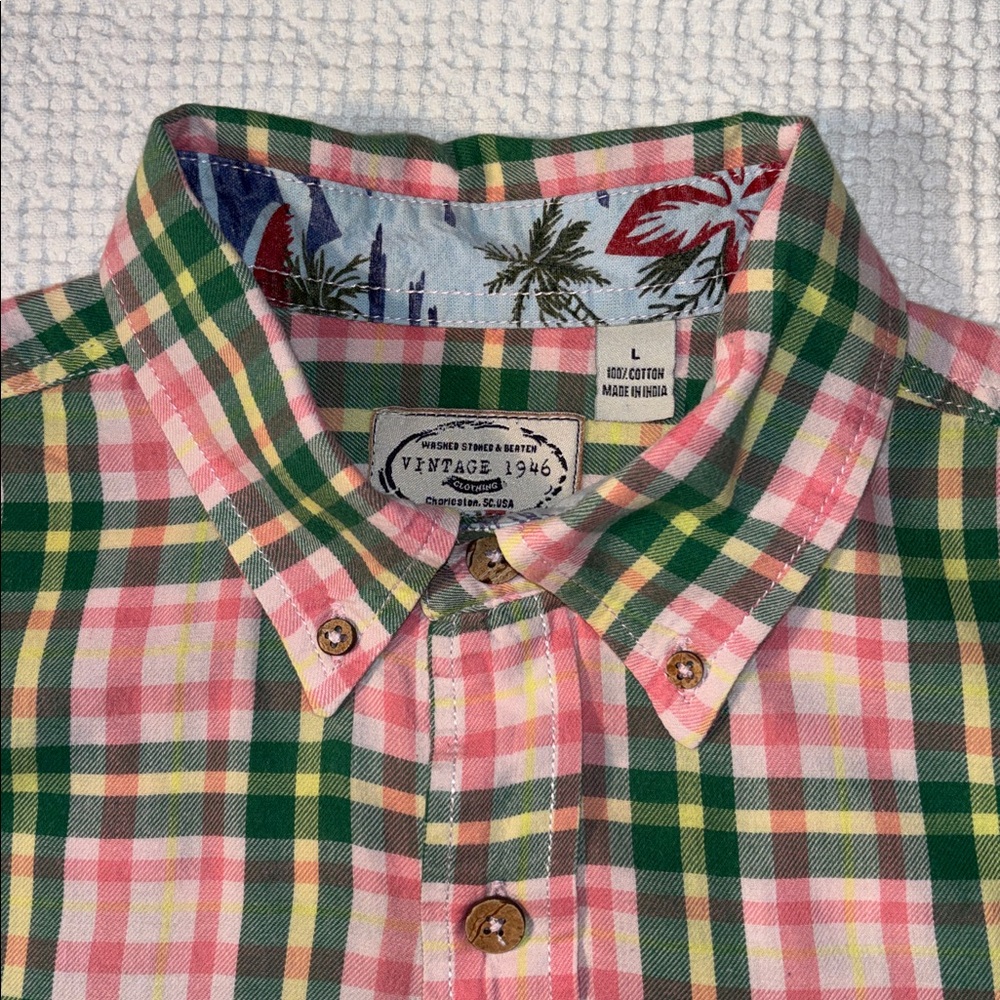 Vintage 1946 Preppy Plaid Button-Up Shirt Tropical Green Charleston Pink Lrg EUC - Picture 2 of 13